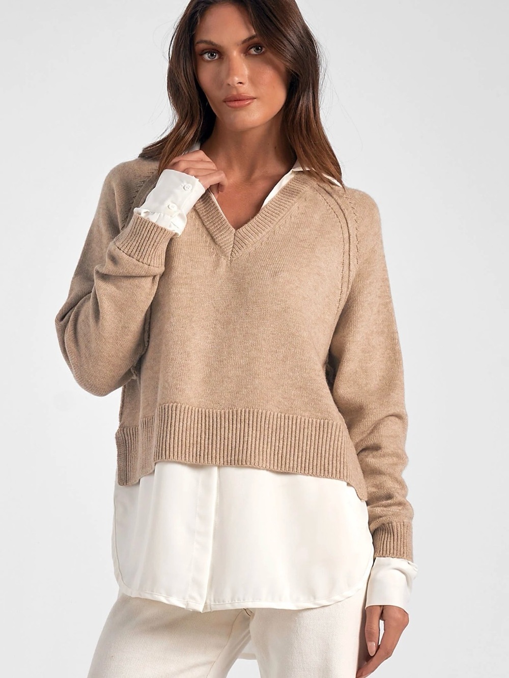 Elan V-Neck Knit Sweater in Taupe with attached white shirt hem & cuffs - M
